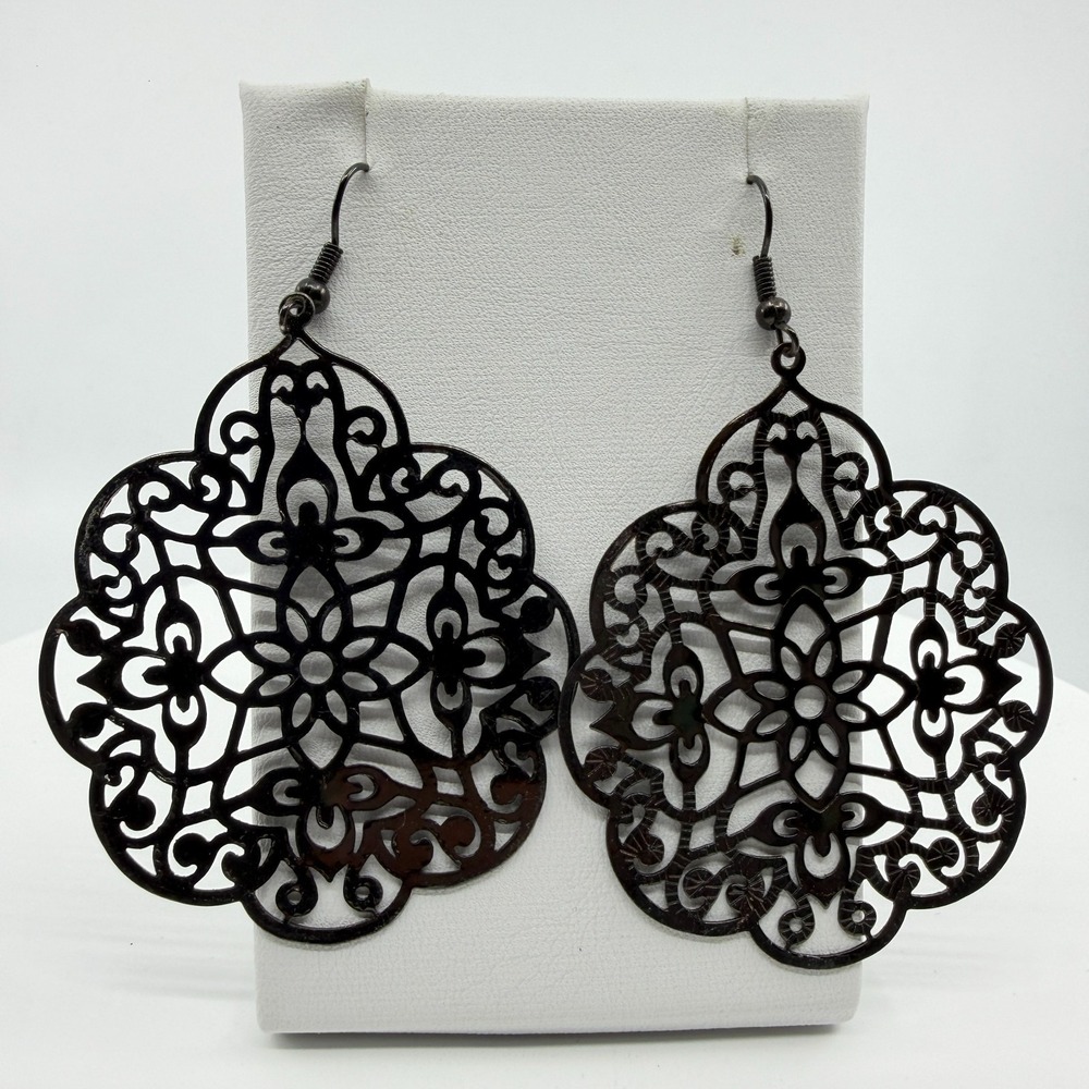 Gunmetal Filigree Statement Earrings Gothic Boho Festival Layering Dangle Drop